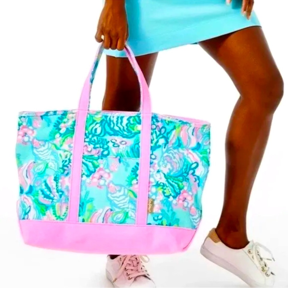 NWT LILLY PULITZER MERCATO TOTE BLUE IBIZA AQUA LA VISTA LARGE